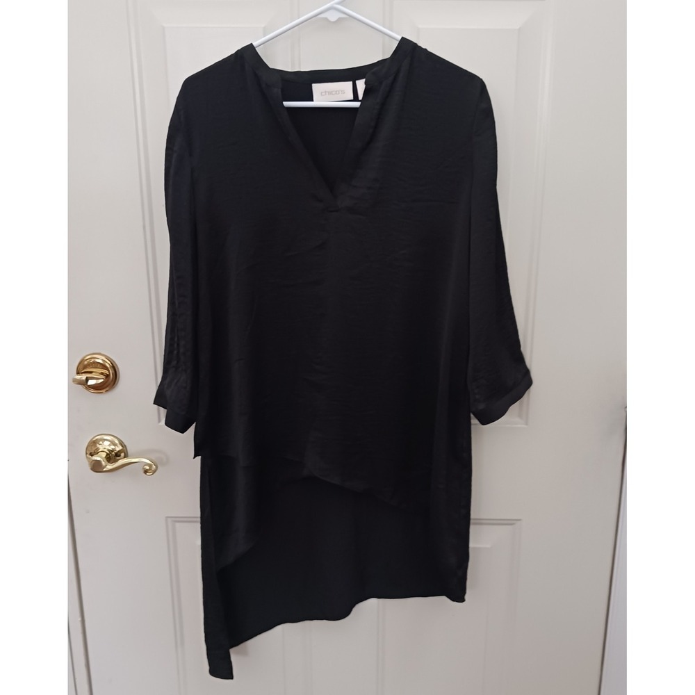 Chicos Tunic Top Size 1 Medium Black Asymmetric Hem V-neck Button Cuffs Popover